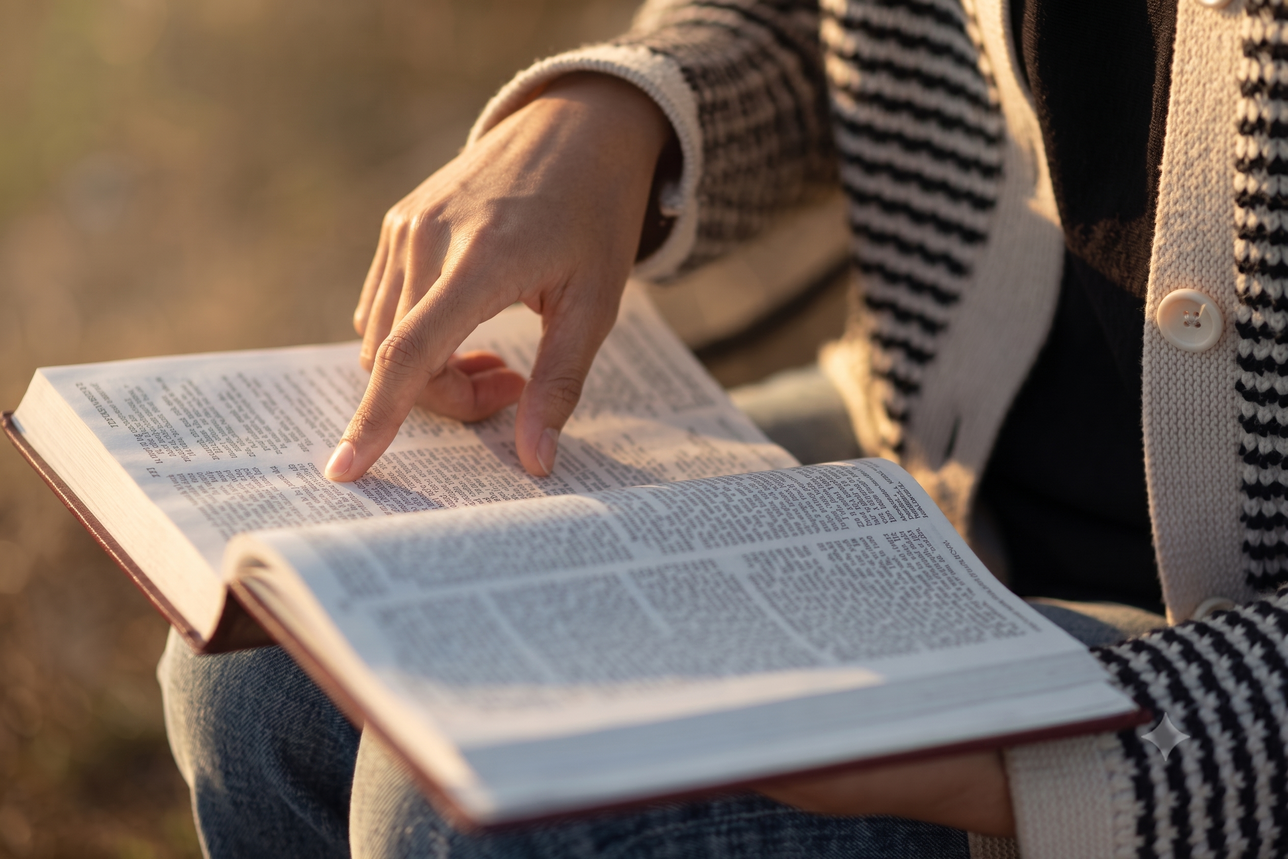 Person studying an open Bible outdoors, following a passage of Scripture with their finger.