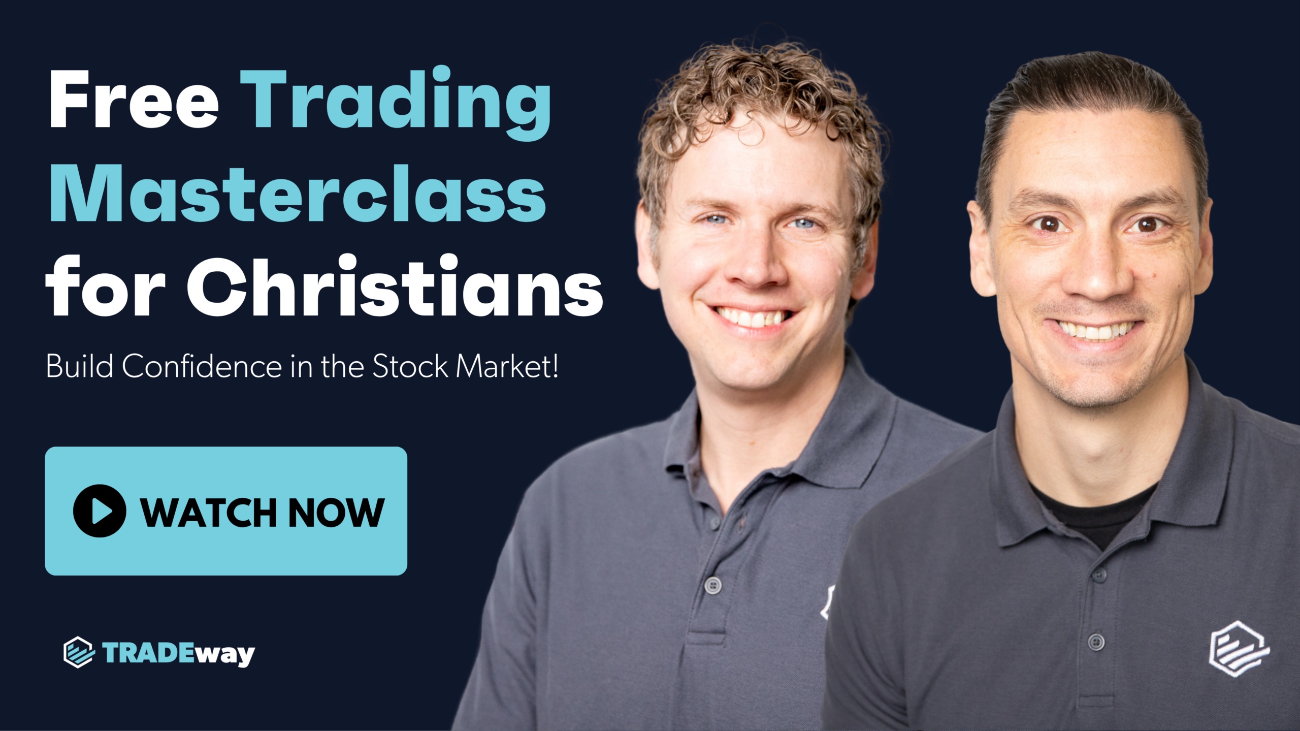 TRADEway Free Trading Masterclass for Christians featuring two trading coaches and a Watch Now button.