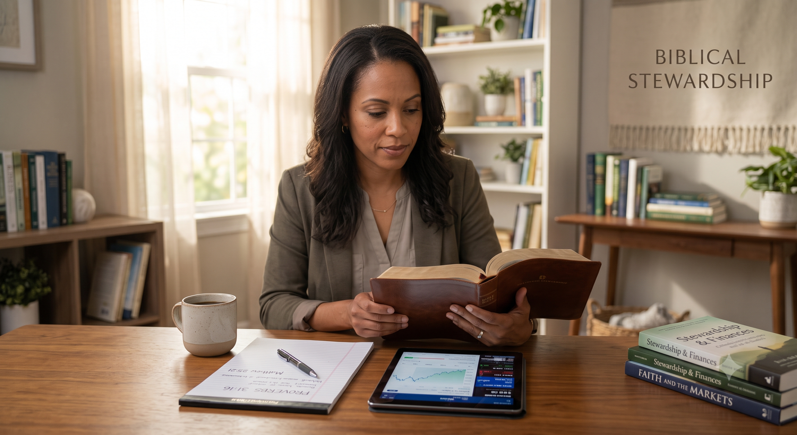 Woman reading the Bible beside a stock market chart and financial notes, representing Biblical stewardship and investing