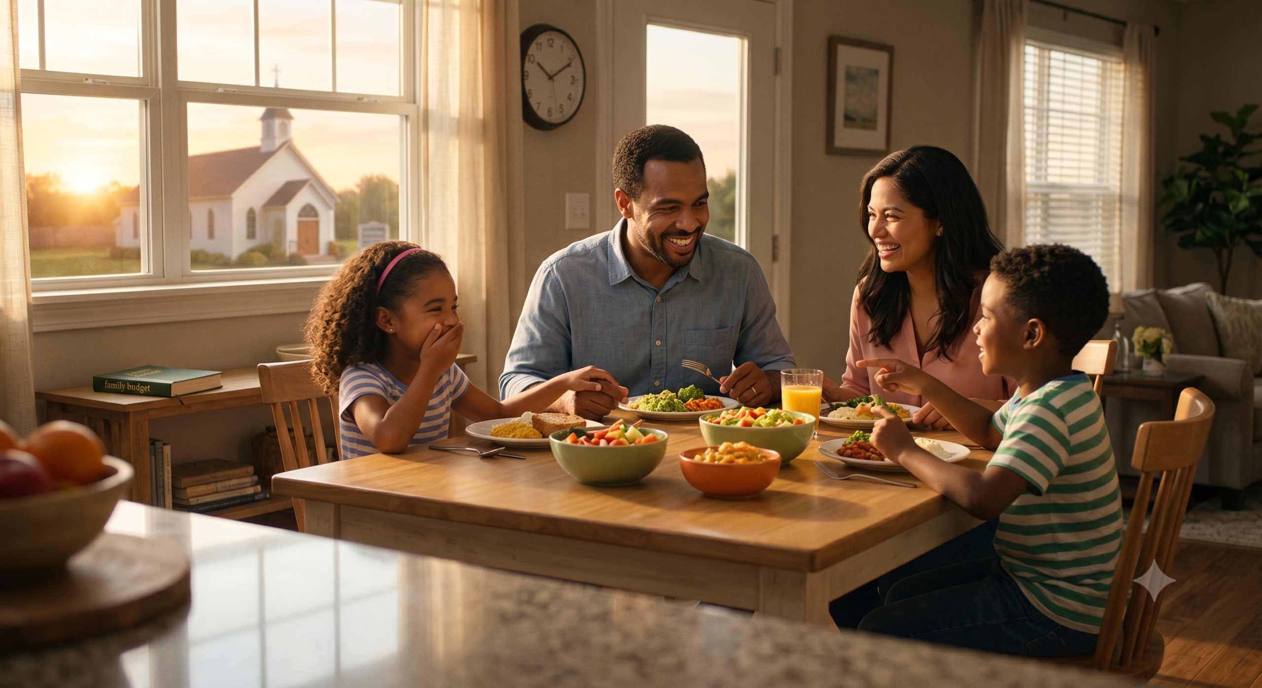 Christian family sharing a meal together at home with a church visible through the window.